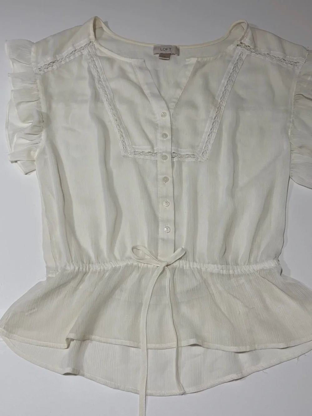LOFT White Lace-Trim Button Front Peasant Blouse